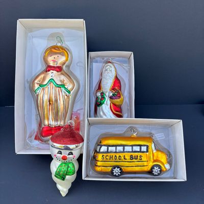 LOT 74: Dept 56 Hand Blown Mercury Glass Ornaments in Original Boxes - School Bus, Santa, Gingerbread Man & Snowman