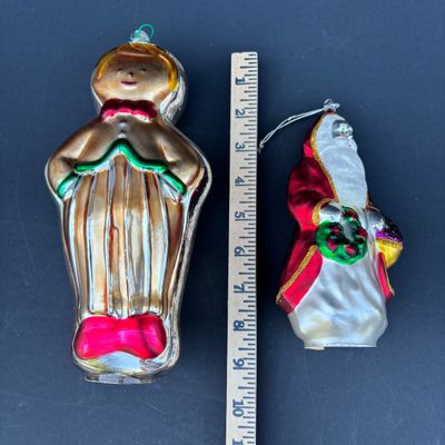 LOT 74: Dept 56 Hand Blown Mercury Glass Ornaments in Original Boxes - School Bus, Santa, Gingerbread Man & Snowman
