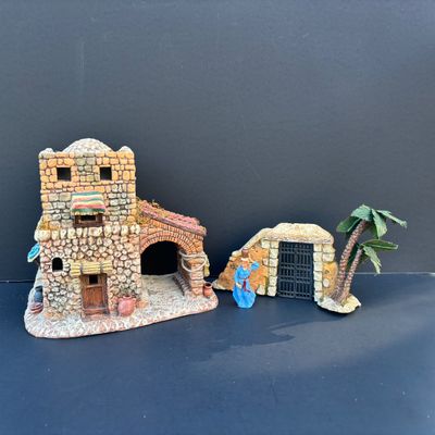 LOT 48: Dept 56 Little Town of Bethlehem - Town Gate, Gatekeeper's Dwelling and Holiday Time Nativity Accessory Pain Trees