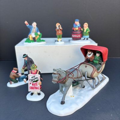 LOT 137: Dept 56 Village Accessories: Transport, Popcorn Vendor, All Aroun Town, The Old Man and the Sea, One Horse Open Sleigh