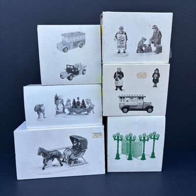 LOT 136: Dept 56 Village Accessories: Delivering the Christmas Tree, One Horse Open Sleigh, All Around Town, Transport & Popcorn Vendor