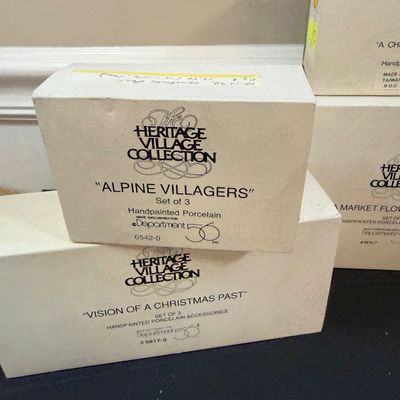 LOT 38: Dept 56 Holiday Village Accessories - Alpine Villagers(2 Sets), Vision of Christmas Past, Christmas Carol Morning, Chelsea Market...
