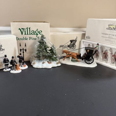 LOT 43: Dept 56 Holiday Accessories Constables, Double Pine Trees, Yeomen of the Guard, and Kings Road Cab