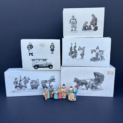 LOT 79: Dept 56 Accessories w/Original Boxes: Popcorn Vendor, Dickens' Carolers, Last Minute Delivery, All Around the Town,...