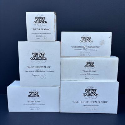 LOT 75: Dept 56 Accessories w/Original Boxes: Busy Sidewalks, Baker Elves, Tis the Season, Carolers on the Doorstep, Toymaker Elves * One...