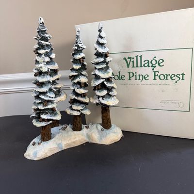 LOT 46: Dept 56 Holiday Village Accessories - Snowy Scotch Pines, Evergreen Trees, Pole Pine Tree, `Pole Pine Forest, and Postern