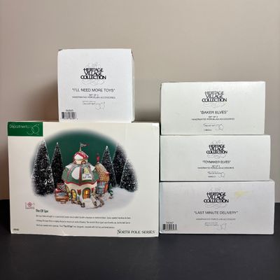 LOT 93: Dept 56 North Pole Series The Elf Spa & Heritage Collection Accessories: I'll Need More Toys, Baker Elves, Toy Maker...