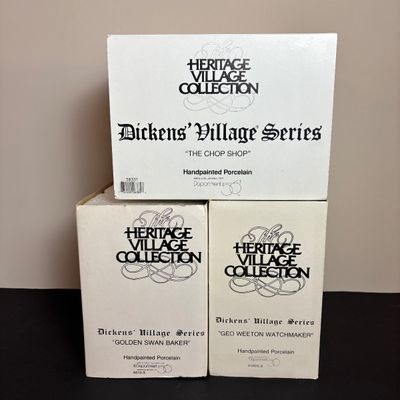 LOT 88: Dept 56 Dickens Village Houses w/Original Boxes: The Chop Shop, Geo Weeton Watchmaker & Golden Swan Baker