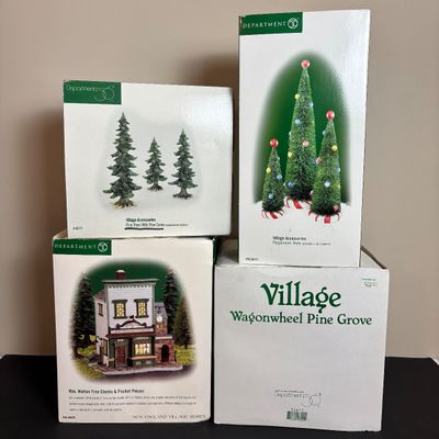 LOT 84: Dept 56 New England Series Wm. Walton Fine Clocks & Pocket Pieces. Pine Trees w/Cones, Peppermint Trees & Wagon Wheel...