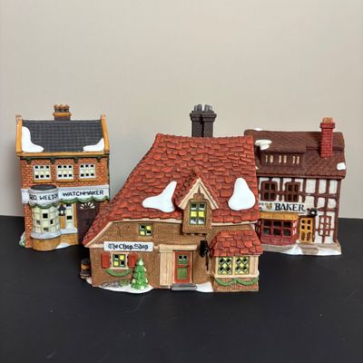 LOT 88: Dept 56 Dickens Village Houses w/Original Boxes: The Chop Shop, Geo Weeton Watchmaker & Golden Swan Baker