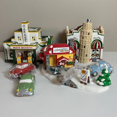 LOT 82: Dept 56 Snow Village Collection: Holly Brothers Garage, Pisa Pizza & Village Used Car Lot