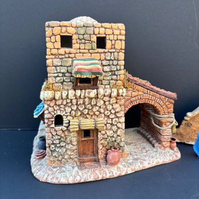 LOT 48: Dept 56 Little Town of Bethlehem - Town Gate, Gatekeeper's Dwelling and Holiday Time Nativity Accessory Pain Trees