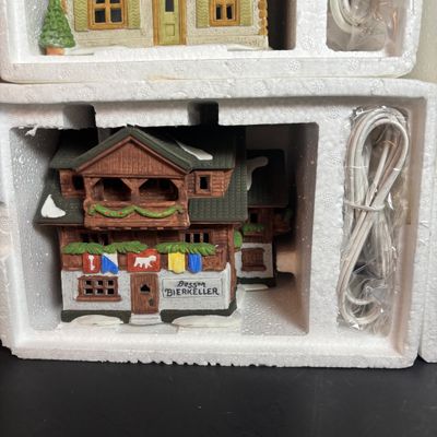 LOT 96: Dept 56 Alpine Village Series E. Staubr & Besson Bierkeller along with Porcelain Pine Tree