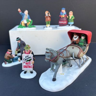 LOT 137: Dept 56 Village Accessories: Transport, Popcorn Vendor, All Aroun Town, The Old Man and the Sea, One Horse Open Sleigh