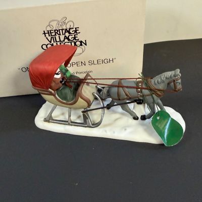 LOT 40: Dept 56 Holiday Accessories - Chelsea Market Hat Monger & Cart, One Horse Open Sleigh, Delivering Coal for the Hearth,...
