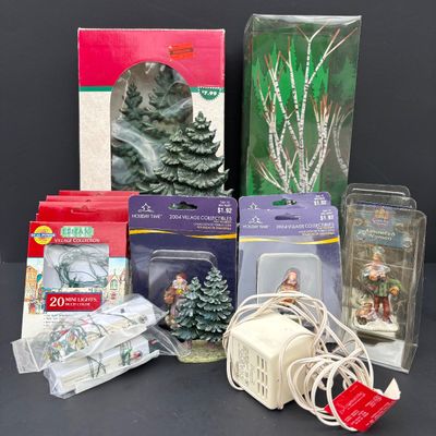 LOT 146: Assorted Christmas Village Accessories, Trees, Figures & Power Adapter