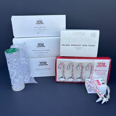 LOT 80: Dept 56 Accessories w/Original Boxes: Snow Cone Elves, Santa's Little Helpers, North Pole Express, Wrought Iron Fence, Candy...