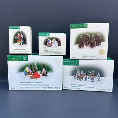 LOT 142: Village Accessories by Dept 56: Planning a Winter Vacation, Marshmallows Around the Campfire, Open Wide, Twinkling Lit Shrubs...