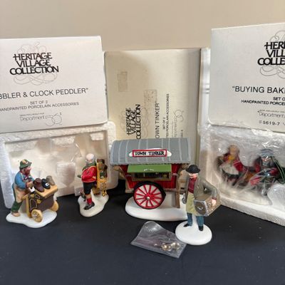 LOT 41: Dept 56 Holiday Accessories - Town Tinker, Cobbler & Clock Peddler, Buying Baker's Bread, Alpine Villagers, Chelsea...