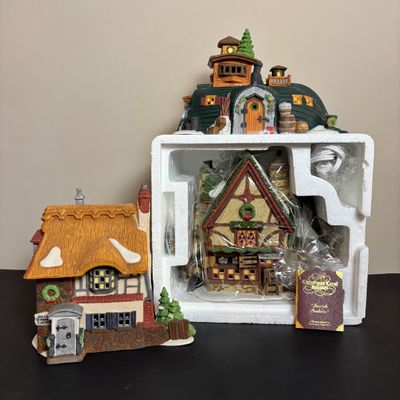 LOT 87: Dept 56 Dickens Village Houses w/Original Boxes: Leacock Poultry, Peggotty's Seaside Cottage, Betsy Trotwood's Cottage