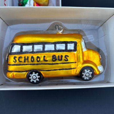 LOT 74: Dept 56 Hand Blown Mercury Glass Ornaments in Original Boxes - School Bus, Santa, Gingerbread Man & Snowman