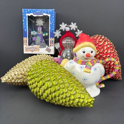 LOT 145: Traditions Holiday Celebrations Snowman Teapot by Christopher Radko, Hallmark Snowman's Land Ornament, Over-Sized Pinecone...