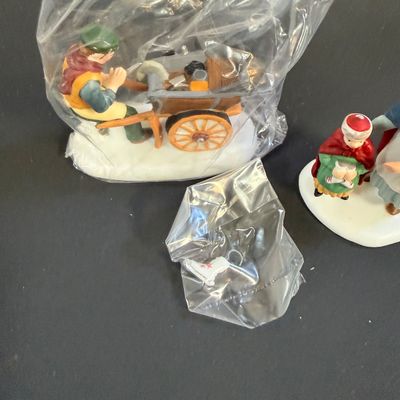 LOT 40: Dept 56 Holiday Accessories - Chelsea Market Hat Monger & Cart, One Horse Open Sleigh, Delivering Coal for the Hearth,...