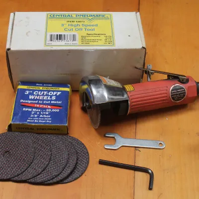 Central Pneumatic 3-inch high-speed air cut-off tool, item 43673, complete with original box, wrench, Allen key, and a pack of...