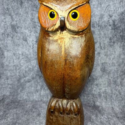 RK Lewis Hand Carved Wooden Owl Figurine 1978