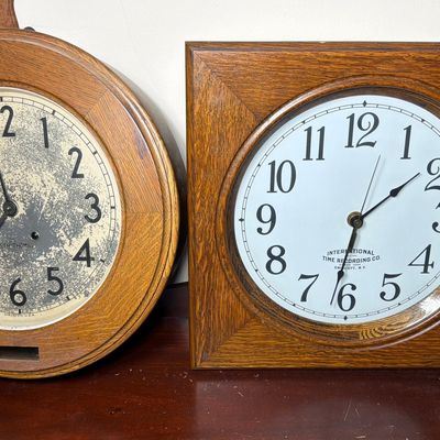Two American Oak Wall Clocks by Seth Thomas and International Time Recording Co.