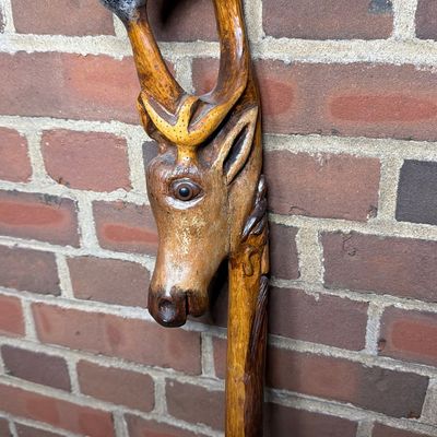 Carved Folk Art Zoomorphic Wooden Walking Stick with Glass Inset Eyes