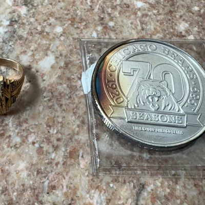 Chicago Bears 70th Anniversary 1 Ounce Fine Silver Medallion and a Herff Jones 10 Karat Gold Class Ring