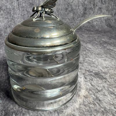 Sterling Silver and Glass Beehive Form Honey Jar and Spoon