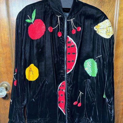 Vintage Woven Rayon Velvet Fruit Themed Embellished Bomber Style Jacket