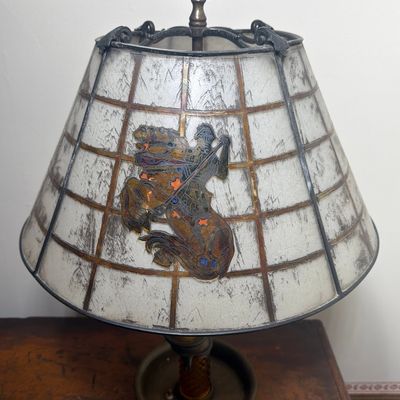 Vintage Gothic Revival Style Candelabra Table Lamp with Stained Glass Knight and Horse Shade