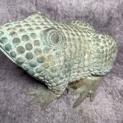 Cast Metal Garden Sculpture of a Toad with Verdigris Patina