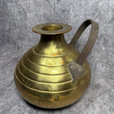 Ribbed Brass Water Vessel with Wrought Iron Handle