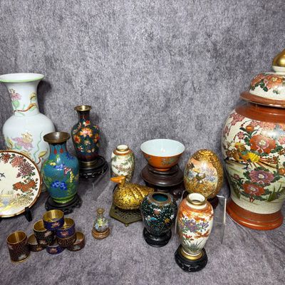 A Collection of Asian Decorative Objects Including Kutani and Satsuma Style Porcelain, Cloisonné Enamel, and Hand-Painted Lacquer