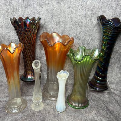 An Assortment of Carnival and Opalescent Glass Vases