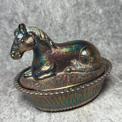 St. Clair Carnival Glass Iridescent Horse on Nest Covered Dish