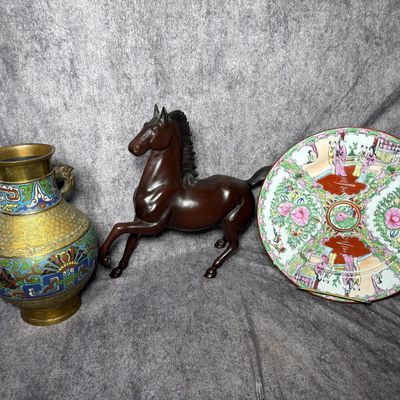 A Trio of Asian Decorative Arts Including a Cloisonne Enamel Vase, Cast Metal Horse, and Rose Medallion Plate