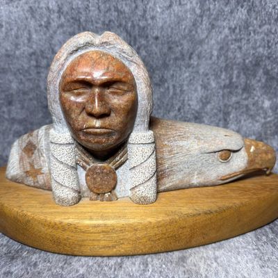 George Benally Alabaster Sculpture of a Native American and Eagle, 1999