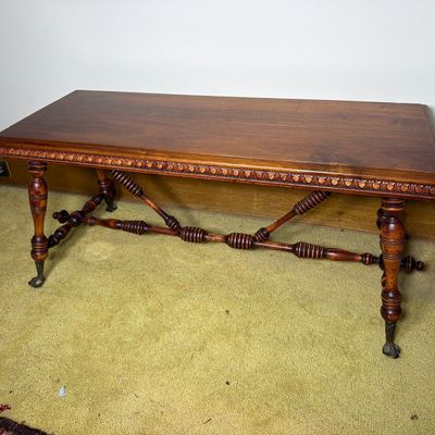 Spanish Colonial Revival Style Turned Walnut Trestle Coffee Table