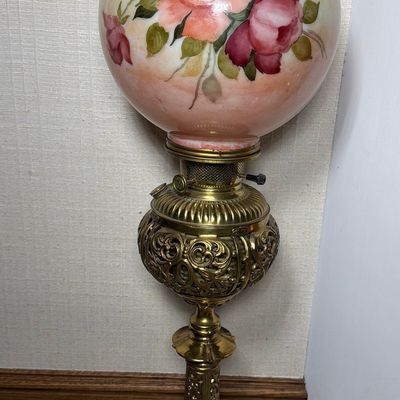 Electrified Hand Painted Glass and Brass Victorian Banquet Lamp