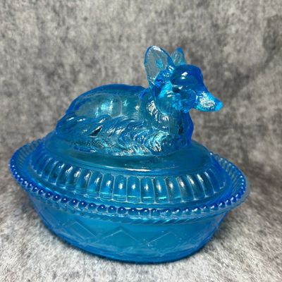 Translucent Blue Pressed Glass Covered Fox on Nest Dish