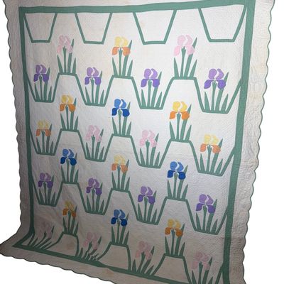 Large Mid-Century Hand-Quilted Cotton Applique Iris Trellis Quilt
