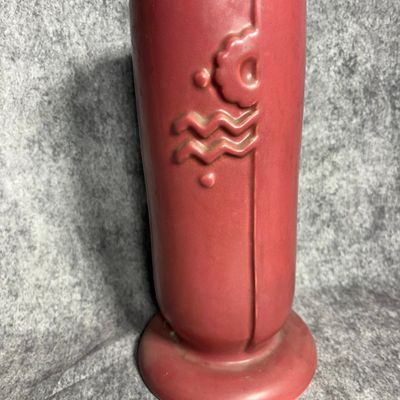 Art Deco Style Matte Rose Red Earthenware Pedestal Vase with Embossed Floral Motif