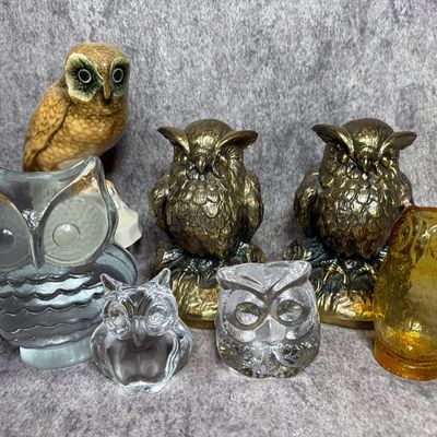 A Collection of Seven Decorative Glass, Porcelain, and Metal Owl Figurines and Bookends