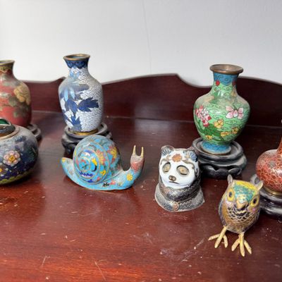 A Collection of Chinese Cloisonne Enamel Miniature Vases and Animal Figurines