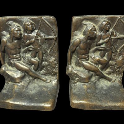 A Pair of Solid Cast Bronze Native American Themed Bookends
